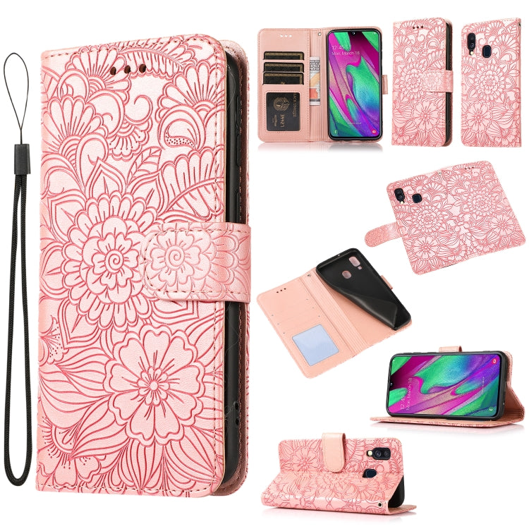 For Samsung Galaxy A40 Skin Feel Embossed Sunflower Horizontal Flip Leather Case with Holder & Card Slots & Wallet & Lanyard
