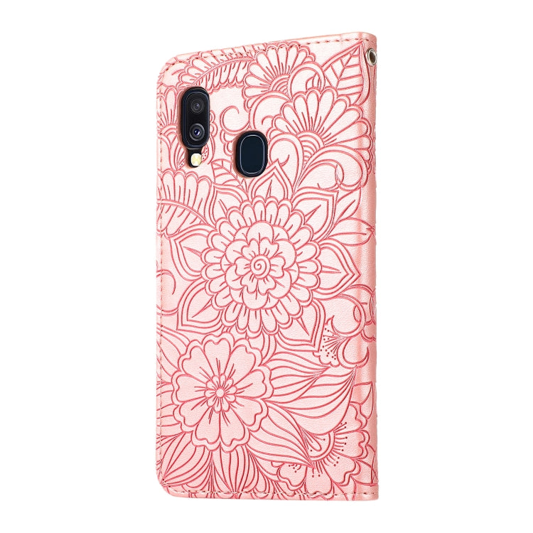 For Samsung Galaxy A40 Skin Feel Embossed Sunflower Horizontal Flip Leather Case with Holder & Card Slots & Wallet & Lanyard