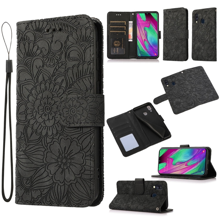 For Samsung Galaxy A40 Skin Feel Embossed Sunflower Horizontal Flip Leather Case with Holder & Card Slots & Wallet & Lanyard