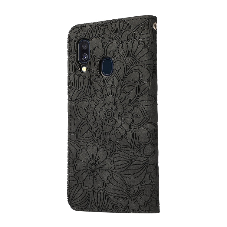 For Samsung Galaxy A40 Skin Feel Embossed Sunflower Horizontal Flip Leather Case with Holder & Card Slots & Wallet & Lanyard