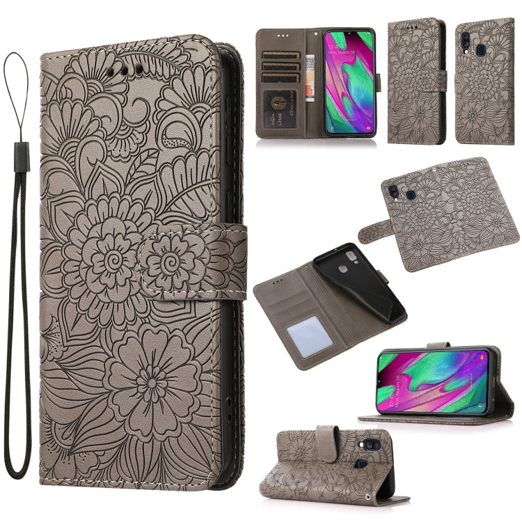 For Samsung Galaxy A40 Skin Feel Embossed Sunflower Horizontal Flip Leather Case with Holder & Card Slots & Wallet & Lanyard