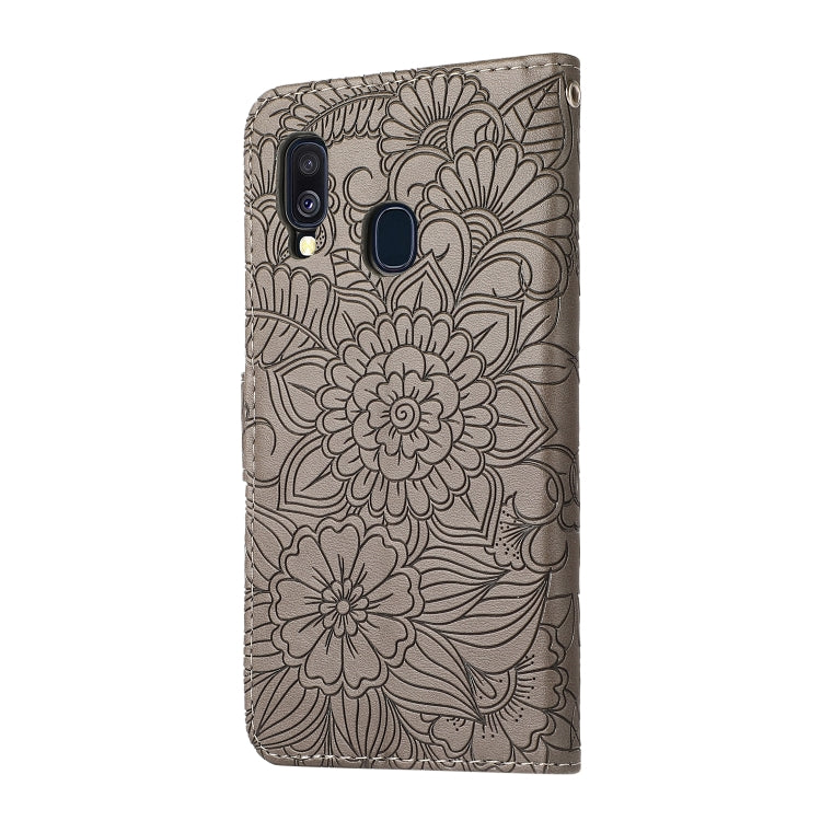 For Samsung Galaxy A40 Skin Feel Embossed Sunflower Horizontal Flip Leather Case with Holder & Card Slots & Wallet & Lanyard