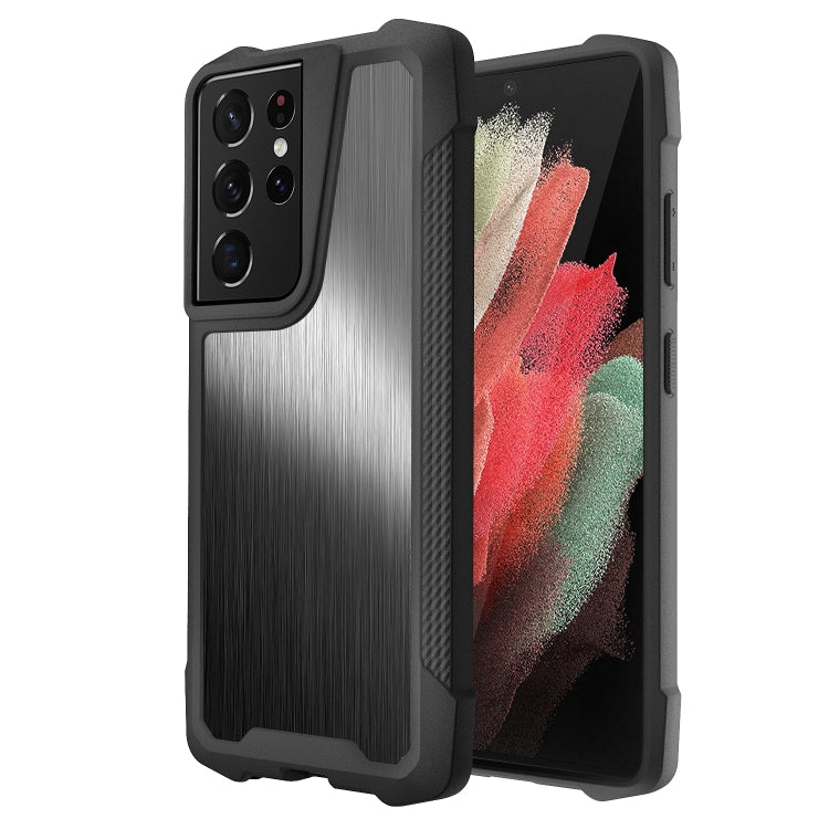 For Samsung Galaxy S21 Ultra 5G Stainless Steel Metal PC Back Cover + TPU Heavy Duty Armor Shockproof Case