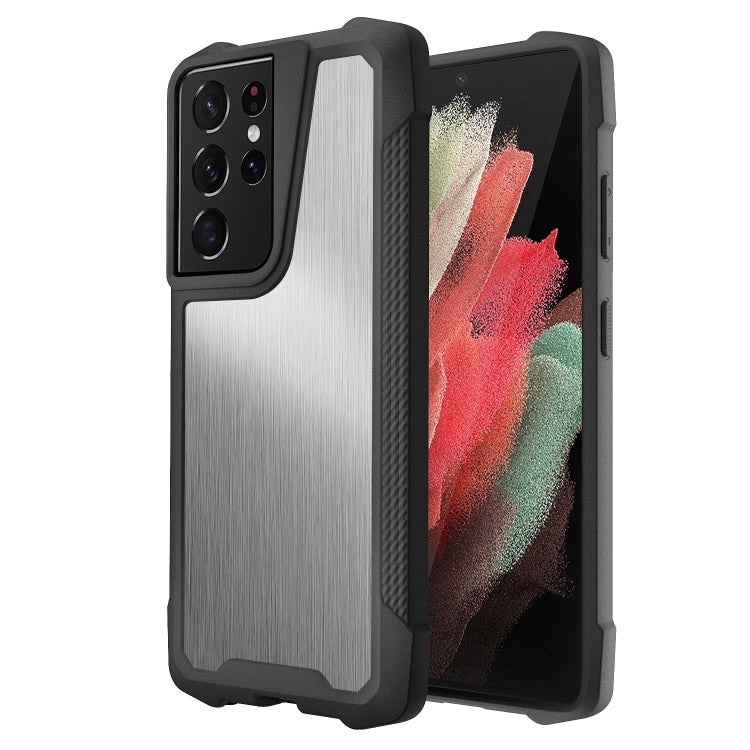 For Samsung Galaxy S21 Ultra 5G Stainless Steel Metal PC Back Cover + TPU Heavy Duty Armor Shockproof Case