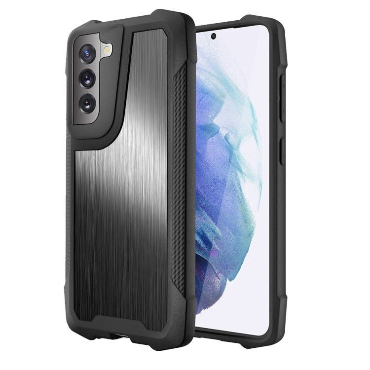For Samsung Galaxy S21 FE Stainless Steel Metal PC Back Cover + TPU Heavy Duty Armor Shockproof Case
