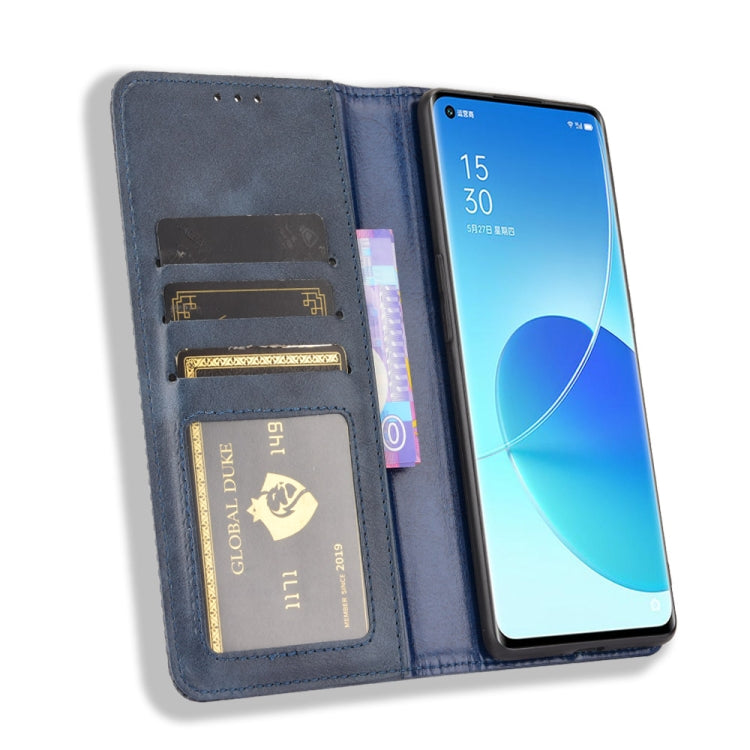 For OPPO Reno6 Pro+ 5G Magnetic Buckle Retro Crazy Horse Texture Horizontal Flip Leather Case with Holder & Card Slots & Photo Frame
