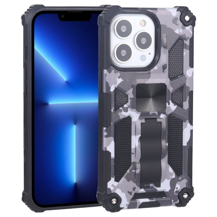 For iPhone 13 Pro Camouflage Armor Kickstand TPU + PC Magnetic Phone Case