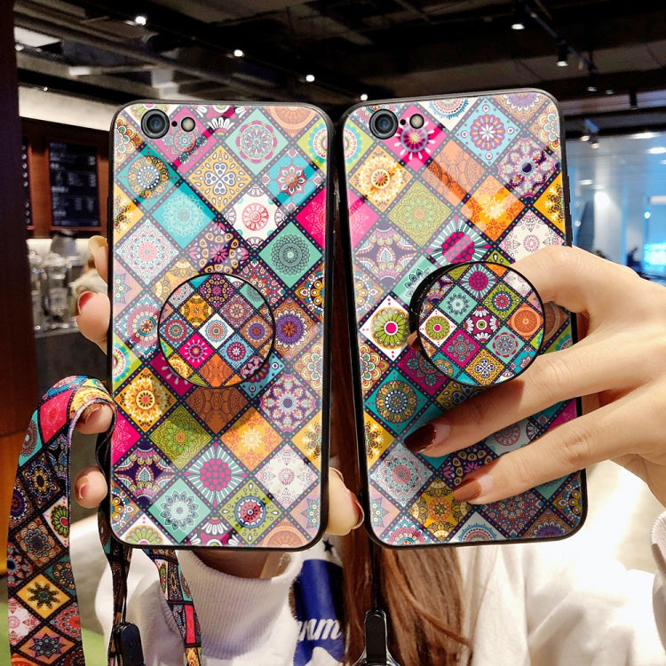 Painted Ethnic Pattern Tempered Glass TPU Shockproof Case with Folding Magnetic Holder & Neck Strap For iPhone 6s / 6