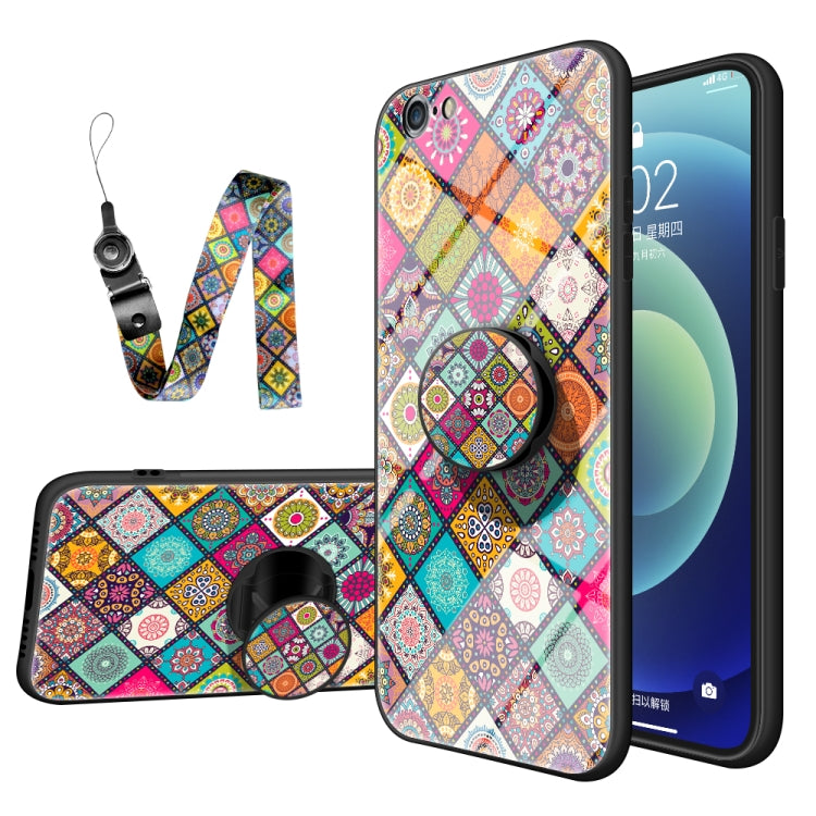 Painted Ethnic Pattern Tempered Glass TPU Shockproof Case with Folding Magnetic Holder & Neck Strap For iPhone 6s Plus / 6 Plus
