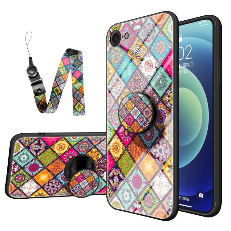 For iPhone SE 2022 / SE 2020 / 8 / 7 Painted Ethnic Pattern Tempered Glass TPU Shockproof Case with Folding Magnetic Holder & Neck Strap