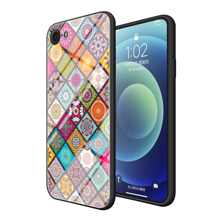 Painted Ethnic Pattern Tempered Glass TPU Shockproof Case with Folding Magnetic Holder & Neck Strap For iPhone 8 Plus / 7 Plus