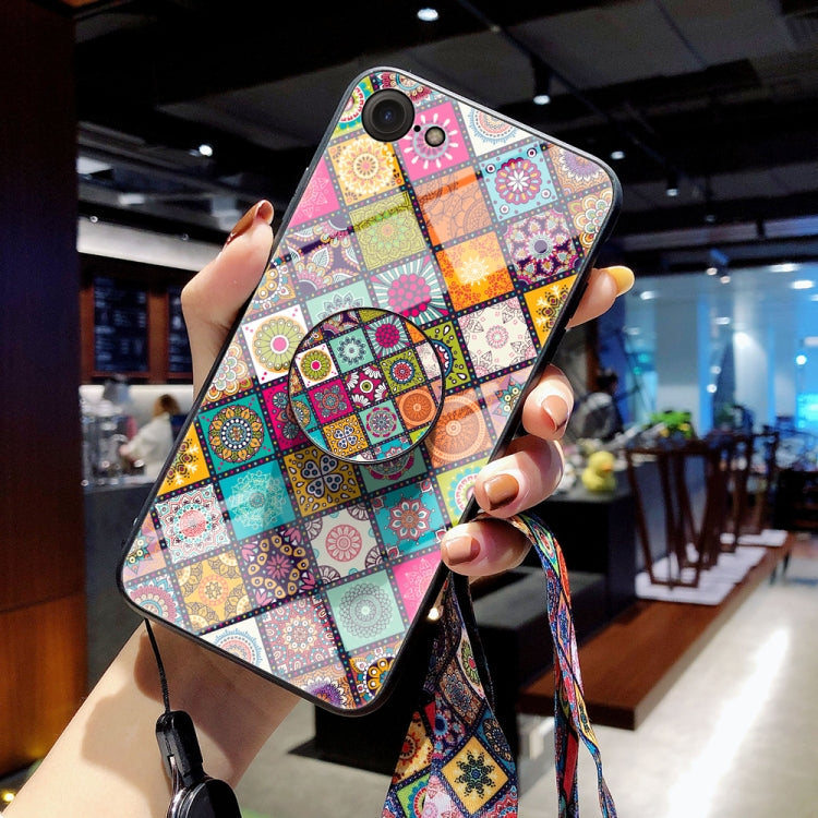 Painted Ethnic Pattern Tempered Glass TPU Shockproof Case with Folding Magnetic Holder & Neck Strap For iPhone 8 Plus / 7 Plus
