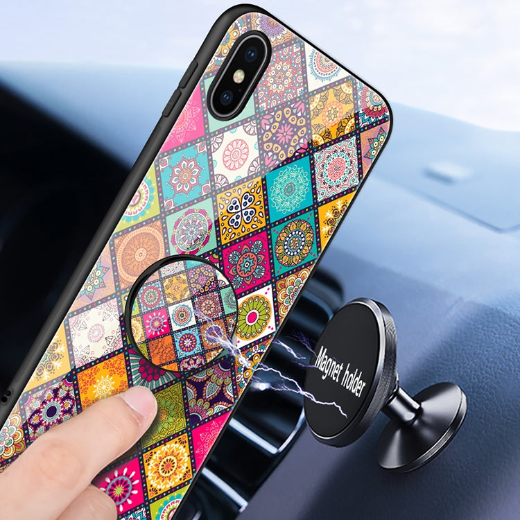 For iPhone X / XS Painted Ethnic Pattern Tempered Glass TPU Shockproof Case with Folding Magnetic Holder & Neck Strap