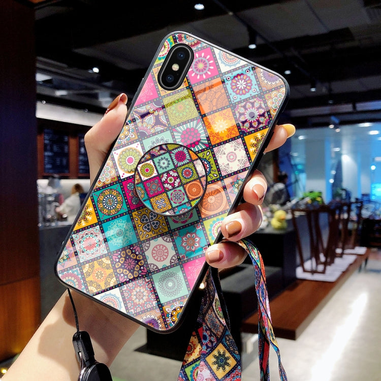 For iPhone X / XS Painted Ethnic Pattern Tempered Glass TPU Shockproof Case with Folding Magnetic Holder & Neck Strap