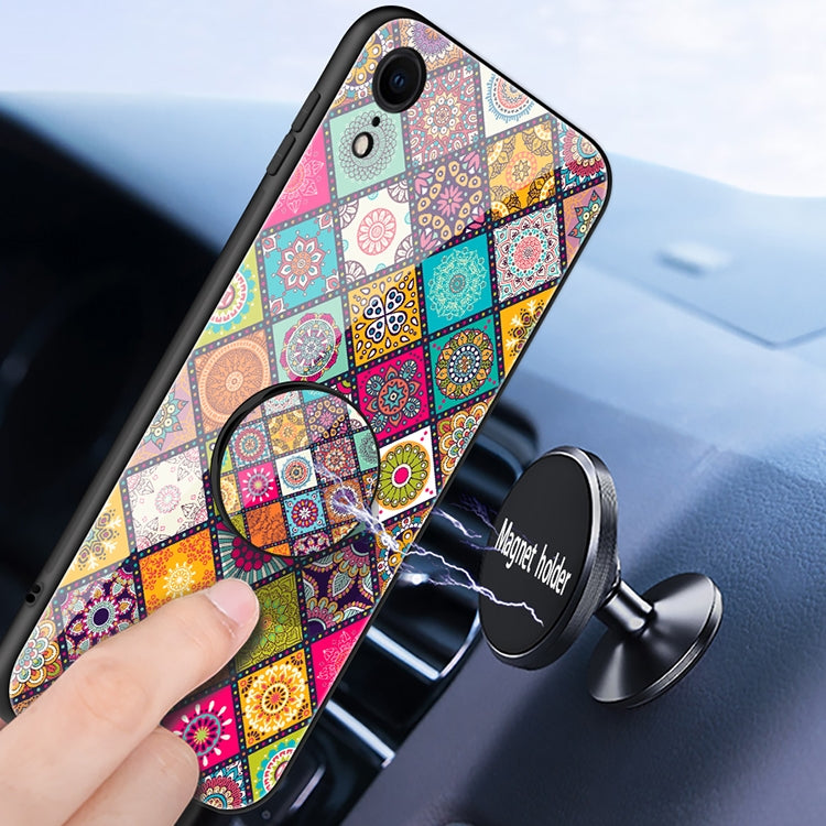 For iPhone XR Painted Ethnic Pattern Tempered Glass TPU Shockproof Case with Folding Magnetic Holder & Neck Strap