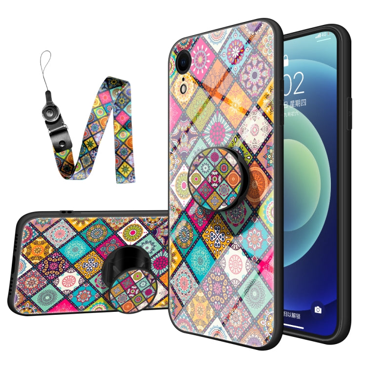 For iPhone XR Painted Ethnic Pattern Tempered Glass TPU Shockproof Case with Folding Magnetic Holder & Neck Strap