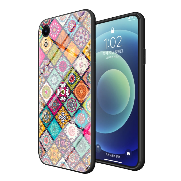 For iPhone XR Painted Ethnic Pattern Tempered Glass TPU Shockproof Case with Folding Magnetic Holder & Neck Strap