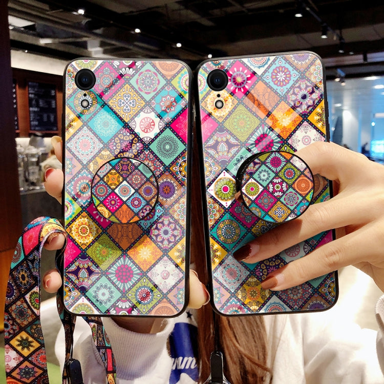 For iPhone XR Painted Ethnic Pattern Tempered Glass TPU Shockproof Case with Folding Magnetic Holder & Neck Strap