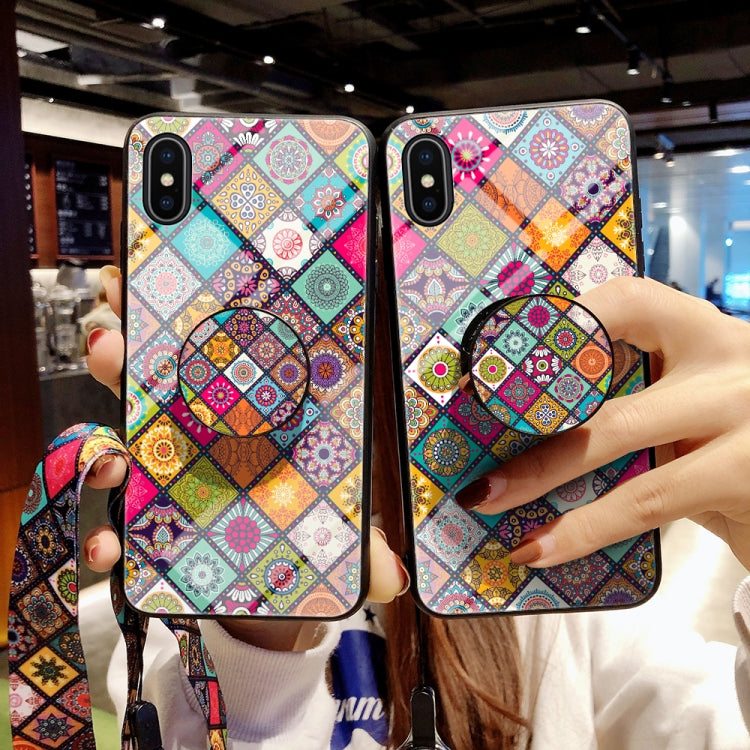 For iPhone XS Max Painted Ethnic Pattern Tempered Glass TPU Shockproof Case with Folding Magnetic Holder & Neck Strap