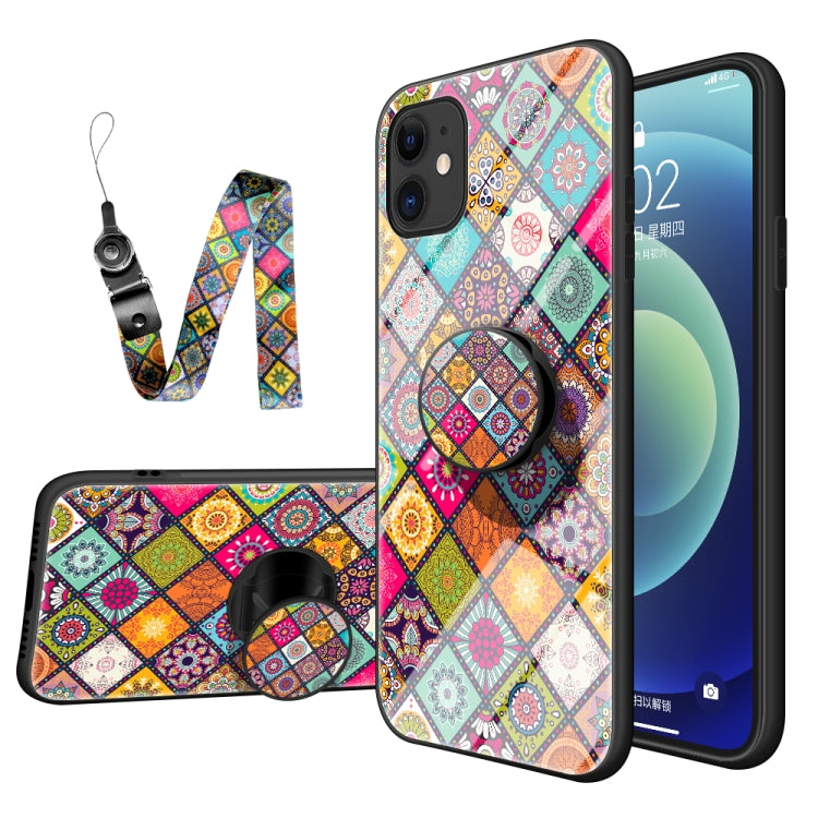 For iPhone 11 Painted Ethnic Pattern Tempered Glass TPU Shockproof Case with Folding Magnetic Holder & Neck Strap