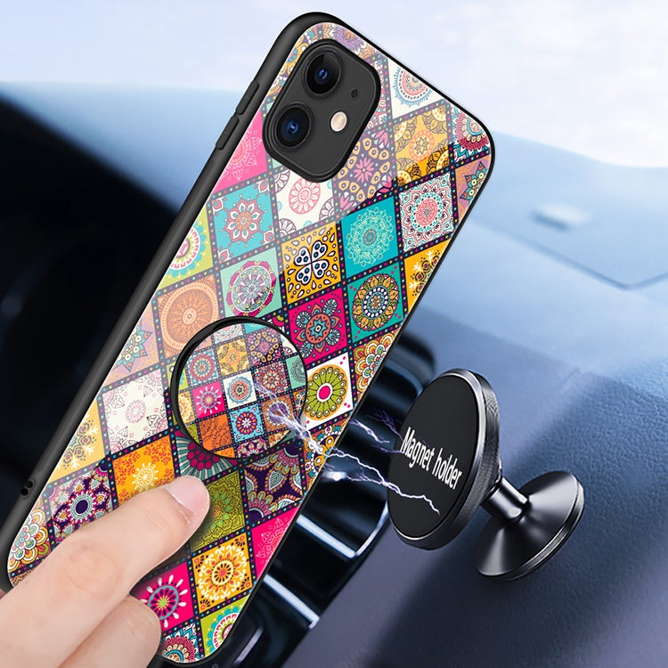 For iPhone 11 Painted Ethnic Pattern Tempered Glass TPU Shockproof Case with Folding Magnetic Holder & Neck Strap