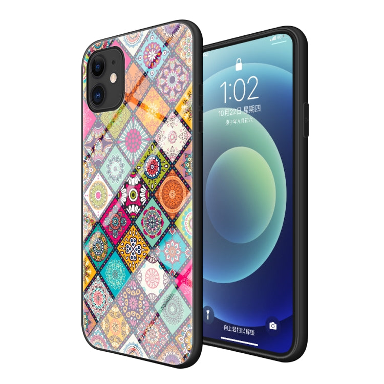 For iPhone 11 Painted Ethnic Pattern Tempered Glass TPU Shockproof Case with Folding Magnetic Holder & Neck Strap