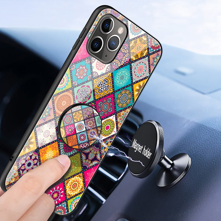 For iPhone 11 Pro Painted Ethnic Pattern Tempered Glass TPU Shockproof Case with Folding Magnetic Holder & Neck Strap