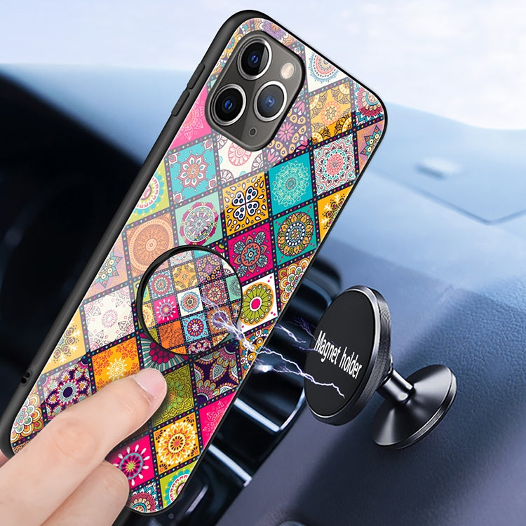 For iPhone 11 Pro Max Painted Ethnic Pattern Tempered Glass TPU Shockproof Case with Folding Magnetic Holder & Neck Strap