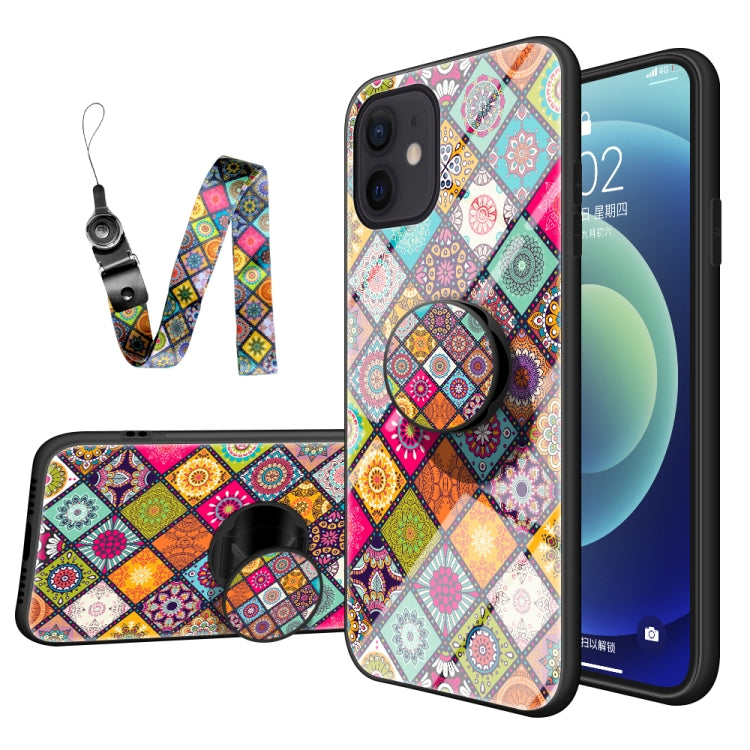 For iPhone 12 mini Painted Ethnic Pattern Tempered Glass TPU Shockproof Case with Folding Magnetic Holder & Neck Strap