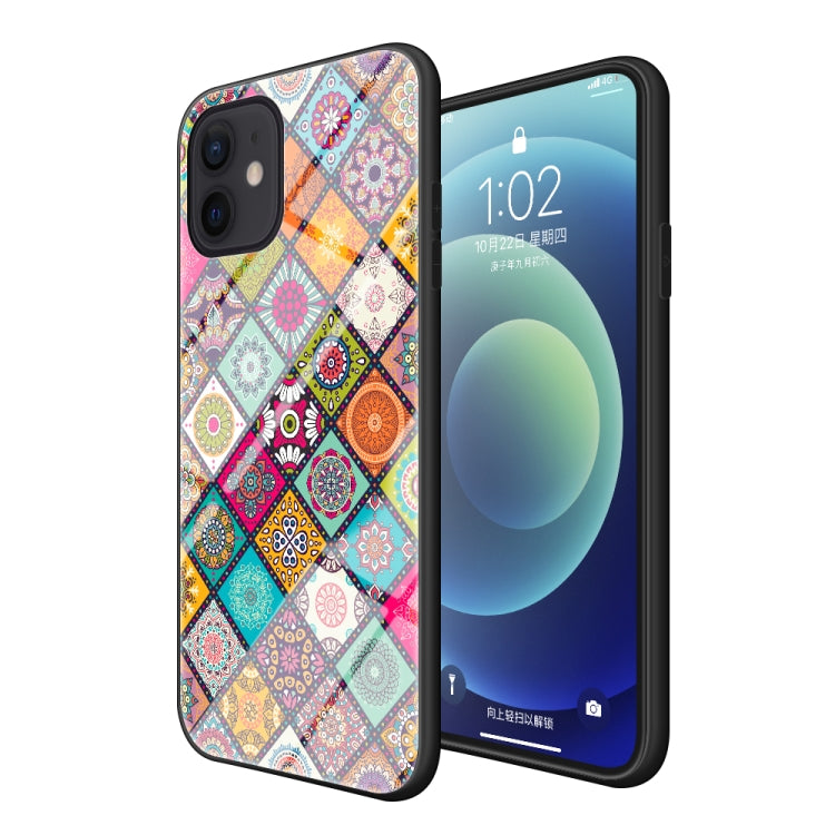 For iPhone 12 mini Painted Ethnic Pattern Tempered Glass TPU Shockproof Case with Folding Magnetic Holder & Neck Strap