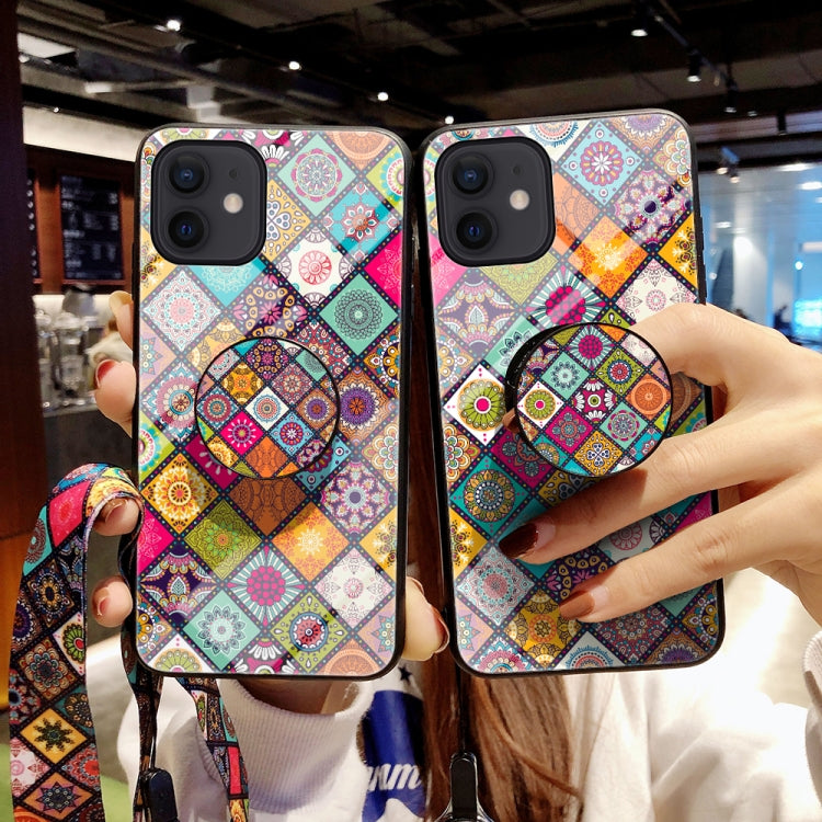 For iPhone 12 mini Painted Ethnic Pattern Tempered Glass TPU Shockproof Case with Folding Magnetic Holder & Neck Strap