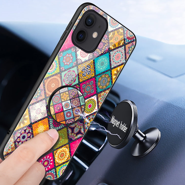 For iPhone 12 mini Painted Ethnic Pattern Tempered Glass TPU Shockproof Case with Folding Magnetic Holder & Neck Strap
