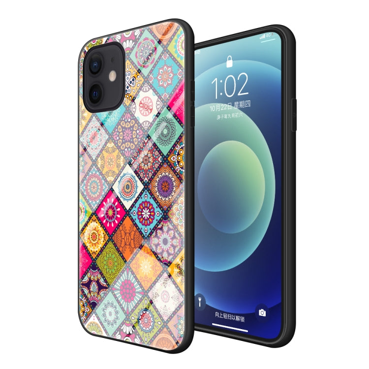 For iPhone 12 / 12 Pro Painted Ethnic Pattern Tempered Glass TPU Shockproof Case with Folding Magnetic Holder & Neck Strap