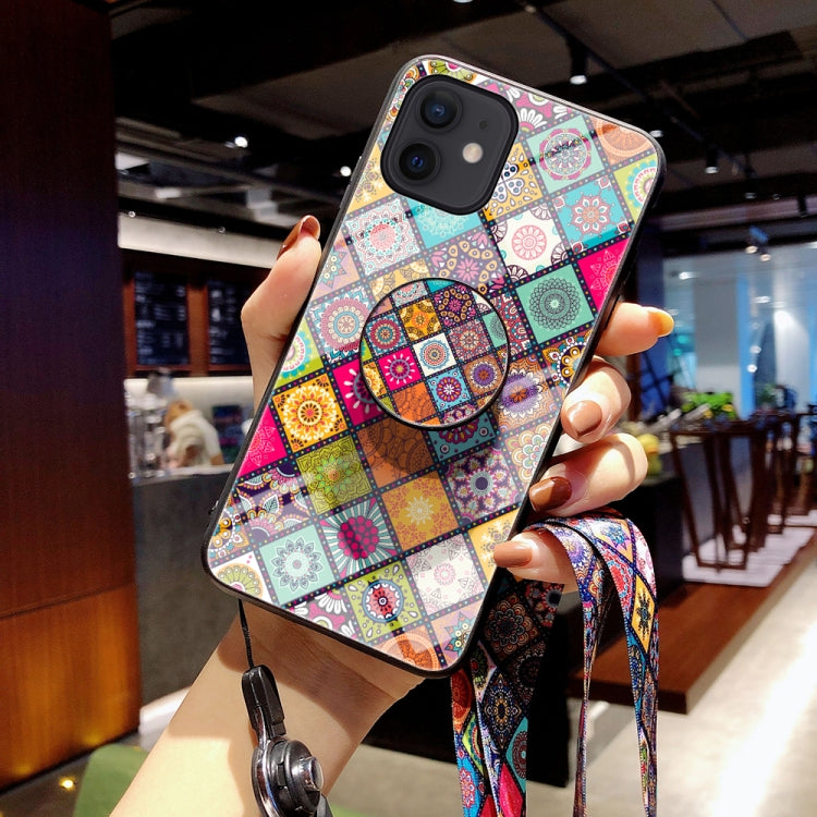 For iPhone 12 / 12 Pro Painted Ethnic Pattern Tempered Glass TPU Shockproof Case with Folding Magnetic Holder & Neck Strap
