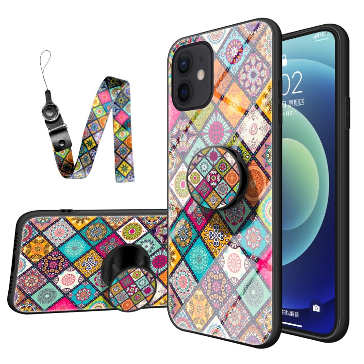 For iPhone 12 / 12 Pro Painted Ethnic Pattern Tempered Glass TPU Shockproof Case with Folding Magnetic Holder & Neck Strap