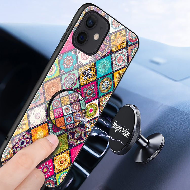 For iPhone 12 / 12 Pro Painted Ethnic Pattern Tempered Glass TPU Shockproof Case with Folding Magnetic Holder & Neck Strap