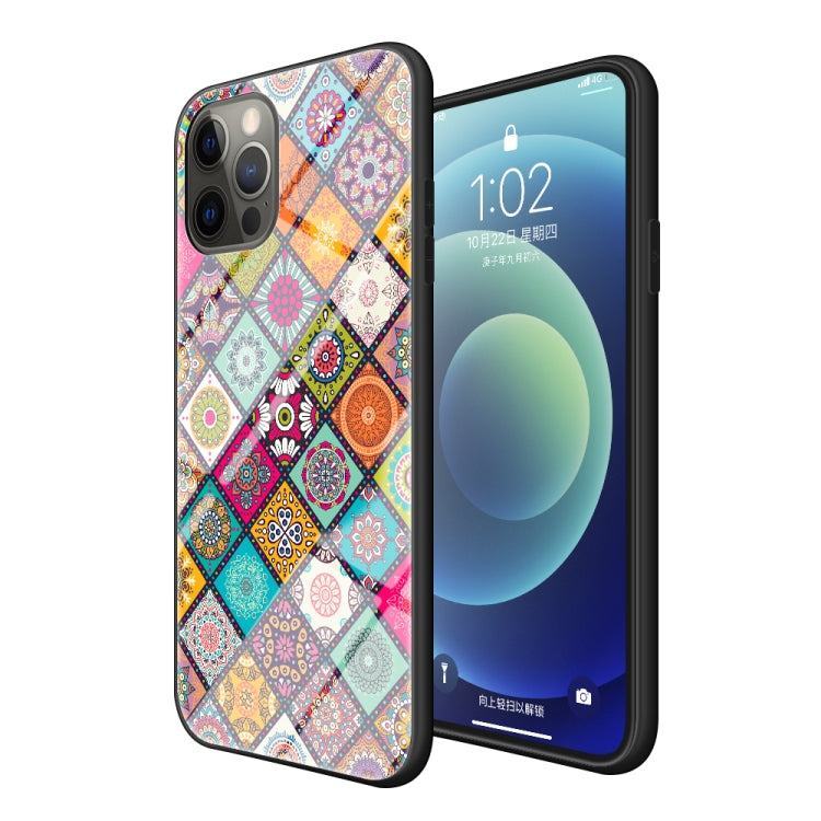For iPhone 12 Pro Max Painted Ethnic Pattern Tempered Glass TPU Shockproof Case with Folding Magnetic Holder & Neck Strap