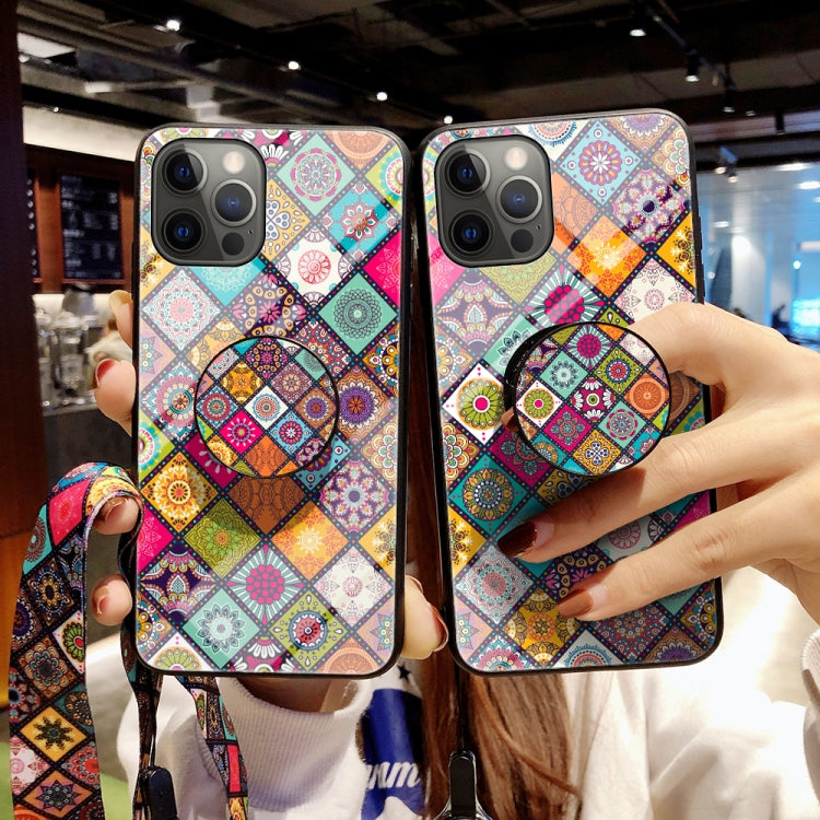 For iPhone 12 Pro Max Painted Ethnic Pattern Tempered Glass TPU Shockproof Case with Folding Magnetic Holder & Neck Strap