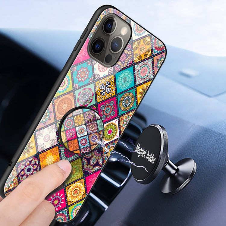 For iPhone 12 Pro Max Painted Ethnic Pattern Tempered Glass TPU Shockproof Case with Folding Magnetic Holder & Neck Strap