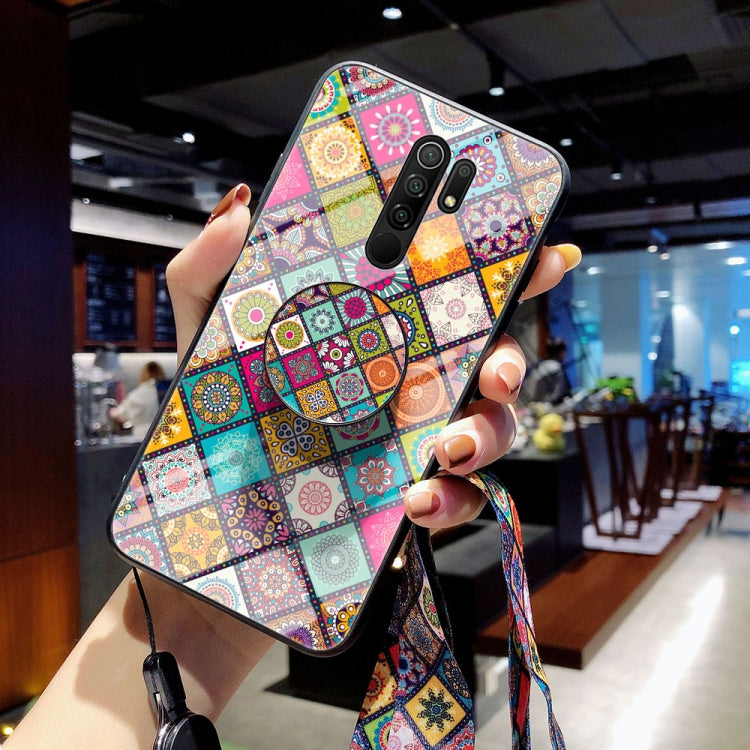 For Xiaomi Redmi 9 Painted Ethnic Pattern Tempered Glass TPU Shockproof Case with Folding Magnetic Holder & Neck Strap