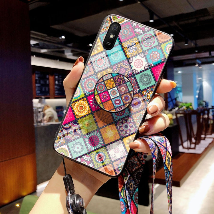 For Xiaomi Redmi 9A Painted Ethnic Pattern Tempered Glass TPU Shockproof Case with Folding Magnetic Holder & Neck Strap