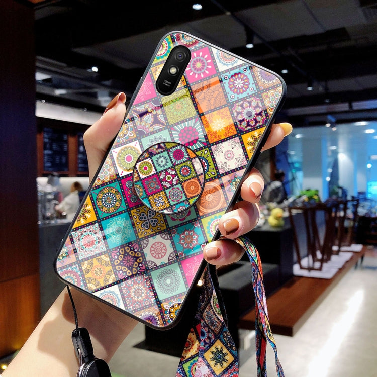 For Xiaomi Redmi 9A Painted Ethnic Pattern Tempered Glass TPU Shockproof Case with Folding Magnetic Holder & Neck Strap
