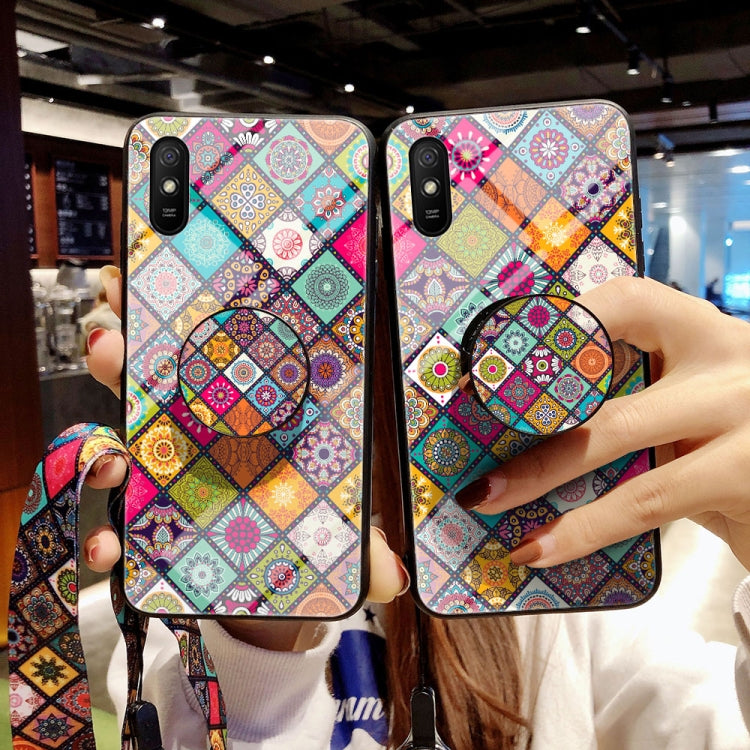 For Xiaomi Redmi 9A Painted Ethnic Pattern Tempered Glass TPU Shockproof Case with Folding Magnetic Holder & Neck Strap