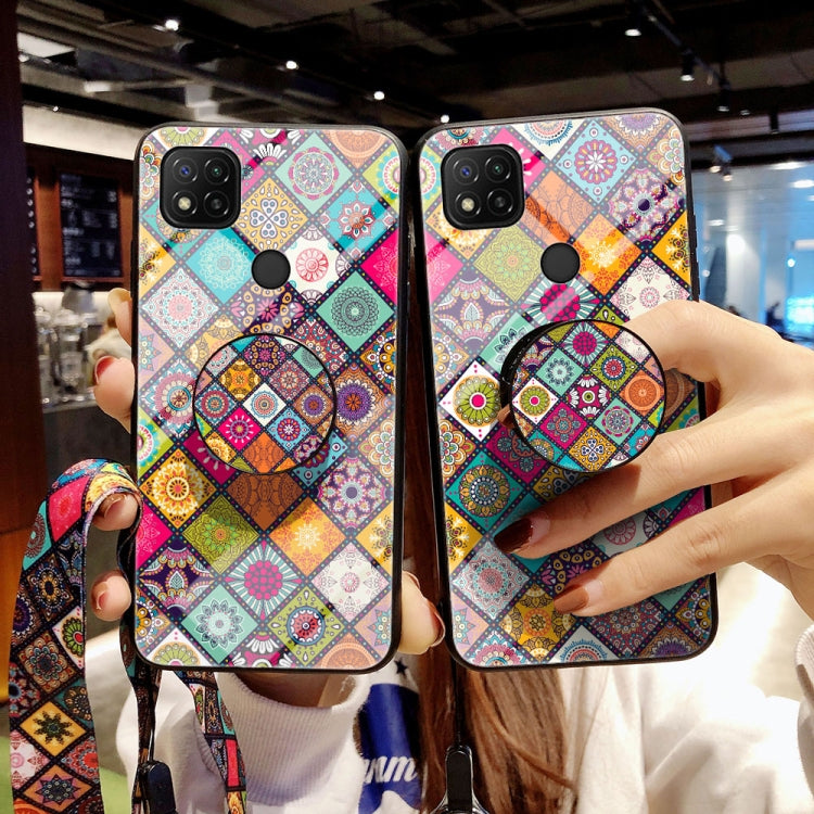 For Xiaomi Redmi 9C Painted Ethnic Pattern Tempered Glass TPU Shockproof Case with Folding Magnetic Holder & Neck Strap