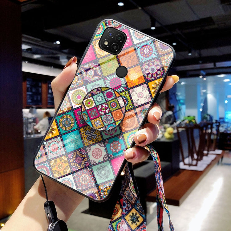 For Xiaomi Redmi 9C Painted Ethnic Pattern Tempered Glass TPU Shockproof Case with Folding Magnetic Holder & Neck Strap