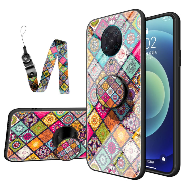 For Xiaomi Redmi K30 Pro Painted Ethnic Pattern Tempered Glass TPU Shockproof Case with Folding Magnetic Holder & Neck Strap