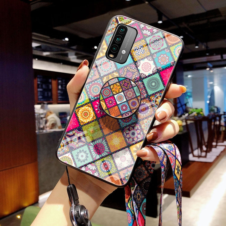 For Xiaomi Redmi Note 9 4G / Note 9T Painted Ethnic Pattern Tempered Glass TPU Shockproof Case with Folding Magnetic Holder & Neck Strap