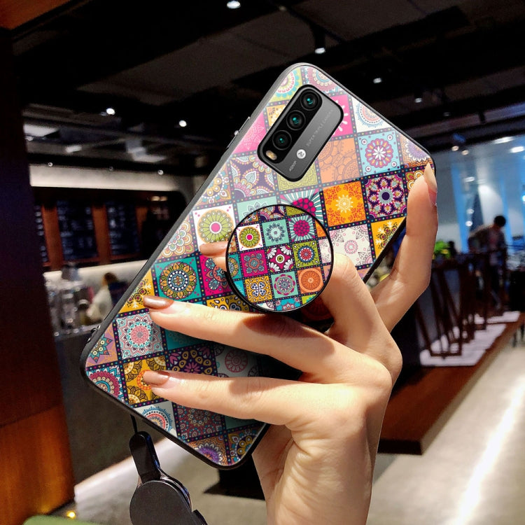 For Xiaomi Redmi Note 9 4G / Note 9T Painted Ethnic Pattern Tempered Glass TPU Shockproof Case with Folding Magnetic Holder & Neck Strap