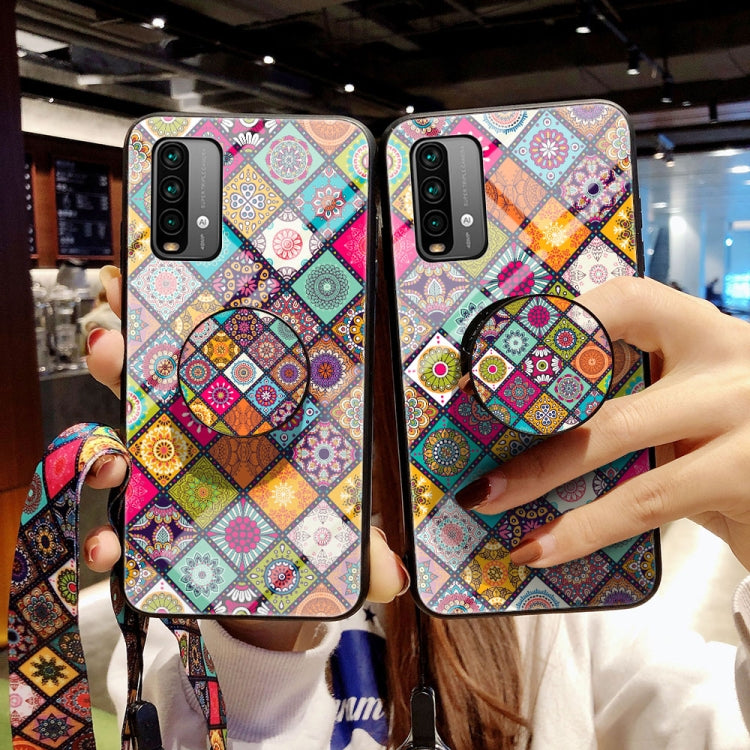 For Xiaomi Redmi Note 9 4G / Note 9T Painted Ethnic Pattern Tempered Glass TPU Shockproof Case with Folding Magnetic Holder & Neck Strap