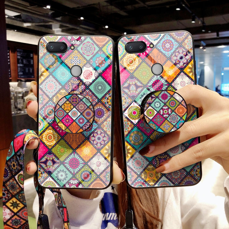For Xiaomi Redmi Note 10 4G / Note 10S Painted Ethnic Pattern Tempered Glass TPU Shockproof Case with Folding Magnetic Holder & Neck Strap